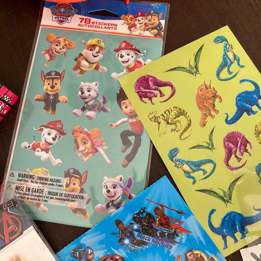 Assorted Kids Party Favors - Stickers, Tattoos, Pencils, Tops, Rubic Cubes